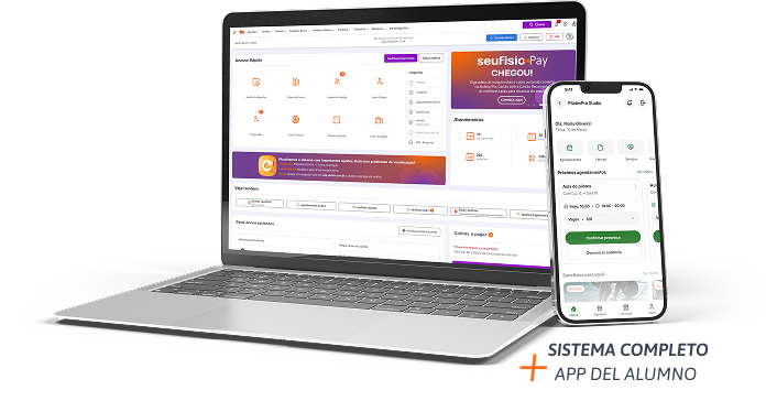 seufisio no laptop e app do aluno no telemóvel